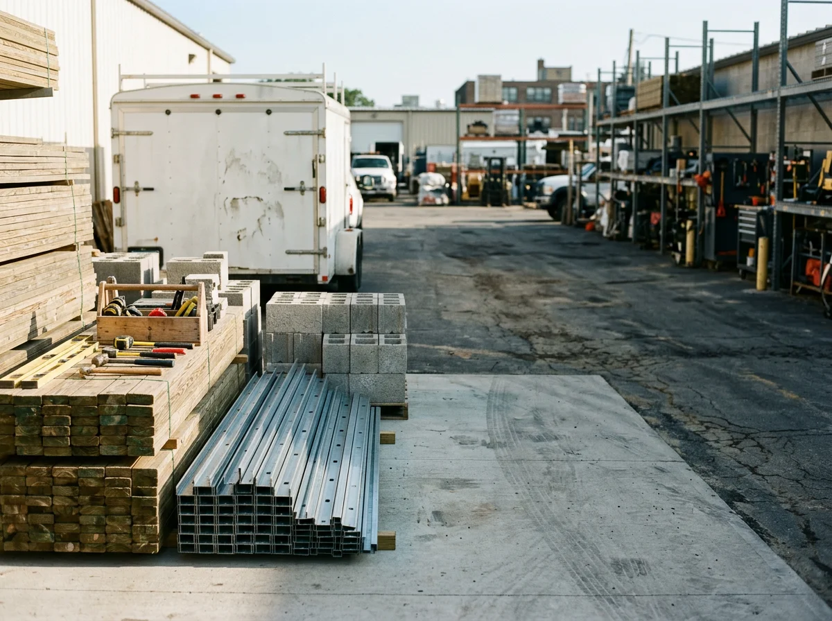 Construction site with tools, materials, and equipment ready for a residential or commercial project.
