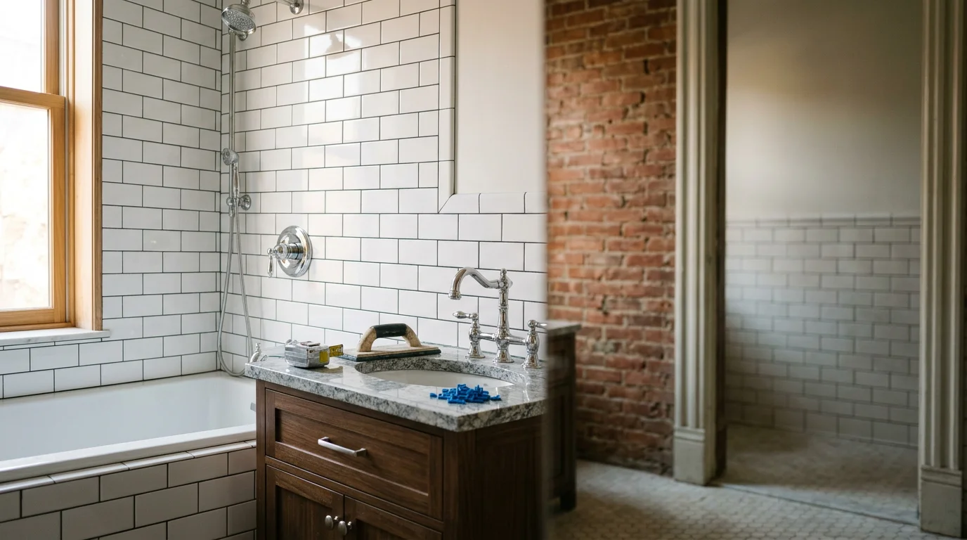 Renovated bathroom with new tile, fixtures, and modern vanity