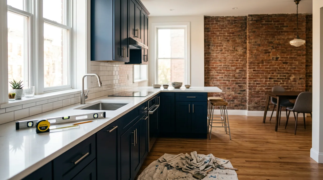 Modern kitchen with custom cabinetry, granite countertops, and new appliance layout