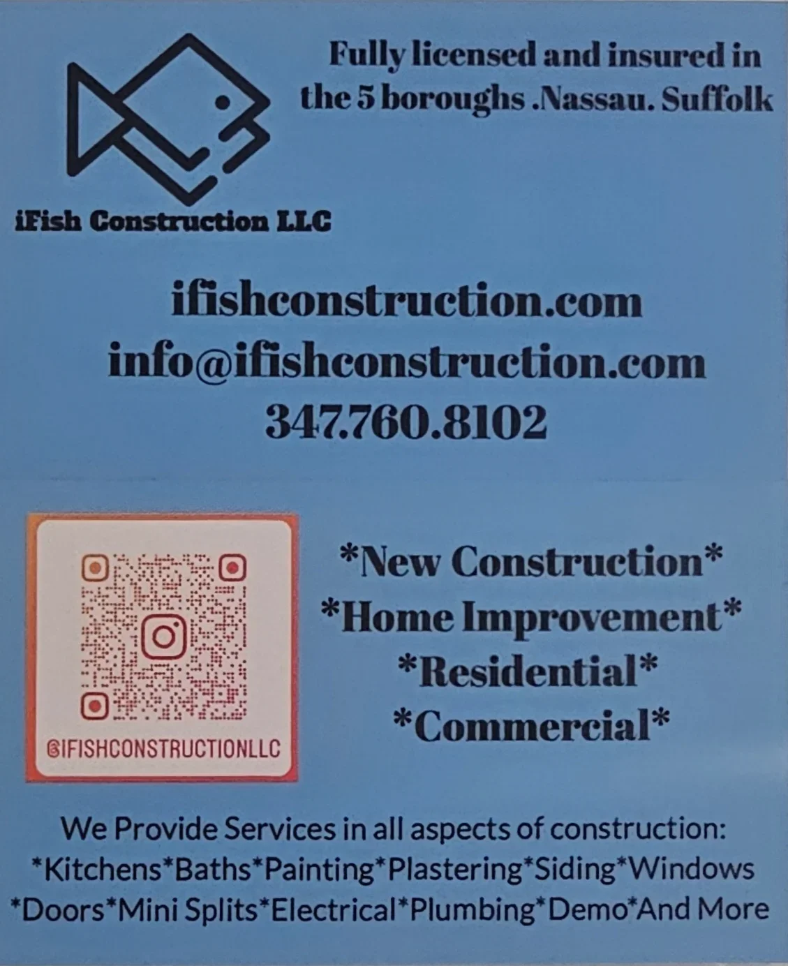Construction company business card with fish logo, QR code, and service list on blue background
