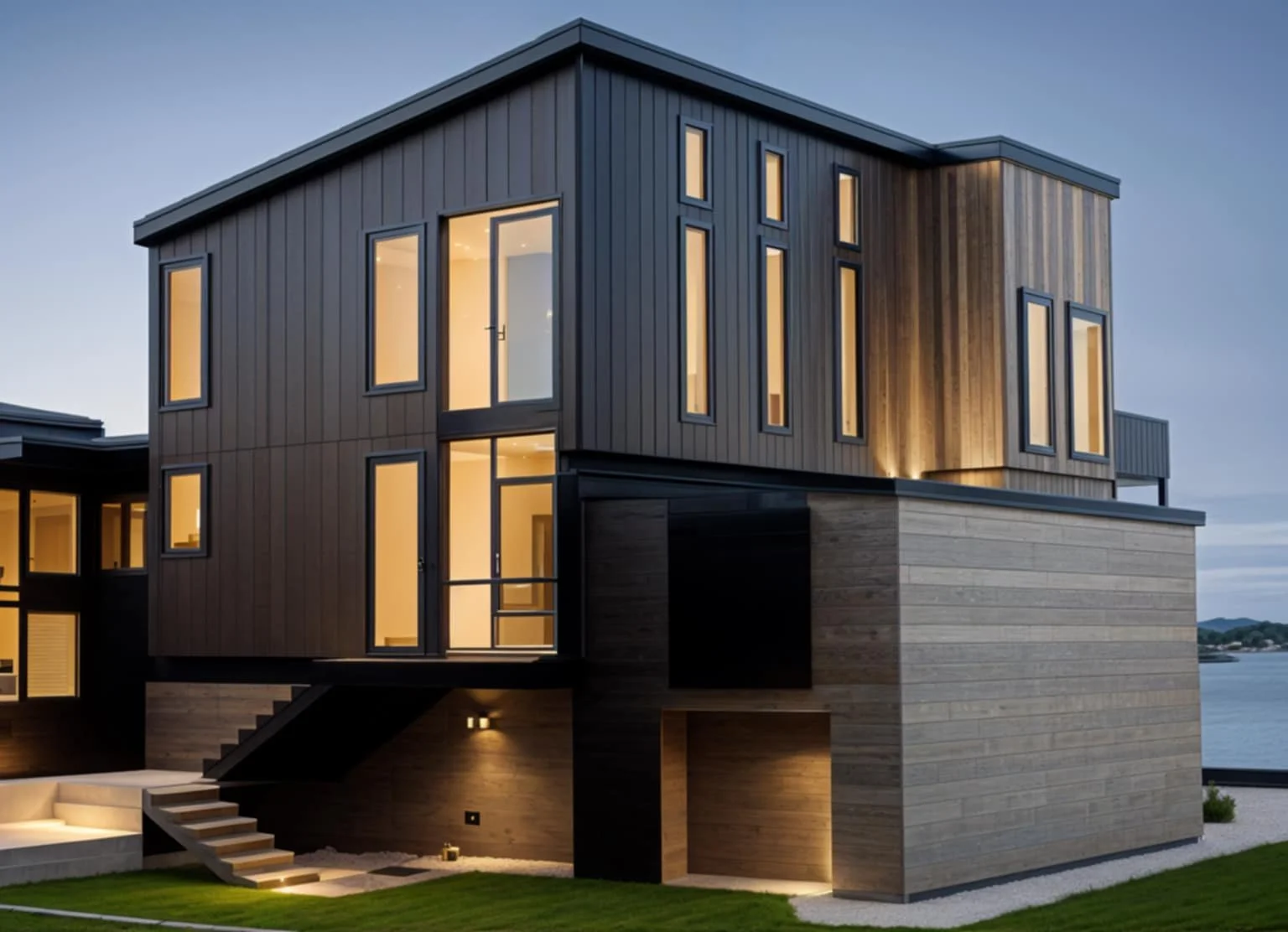 Modern home with corrugated metal siding, wood cladding, aluminum windows, and elevated entry