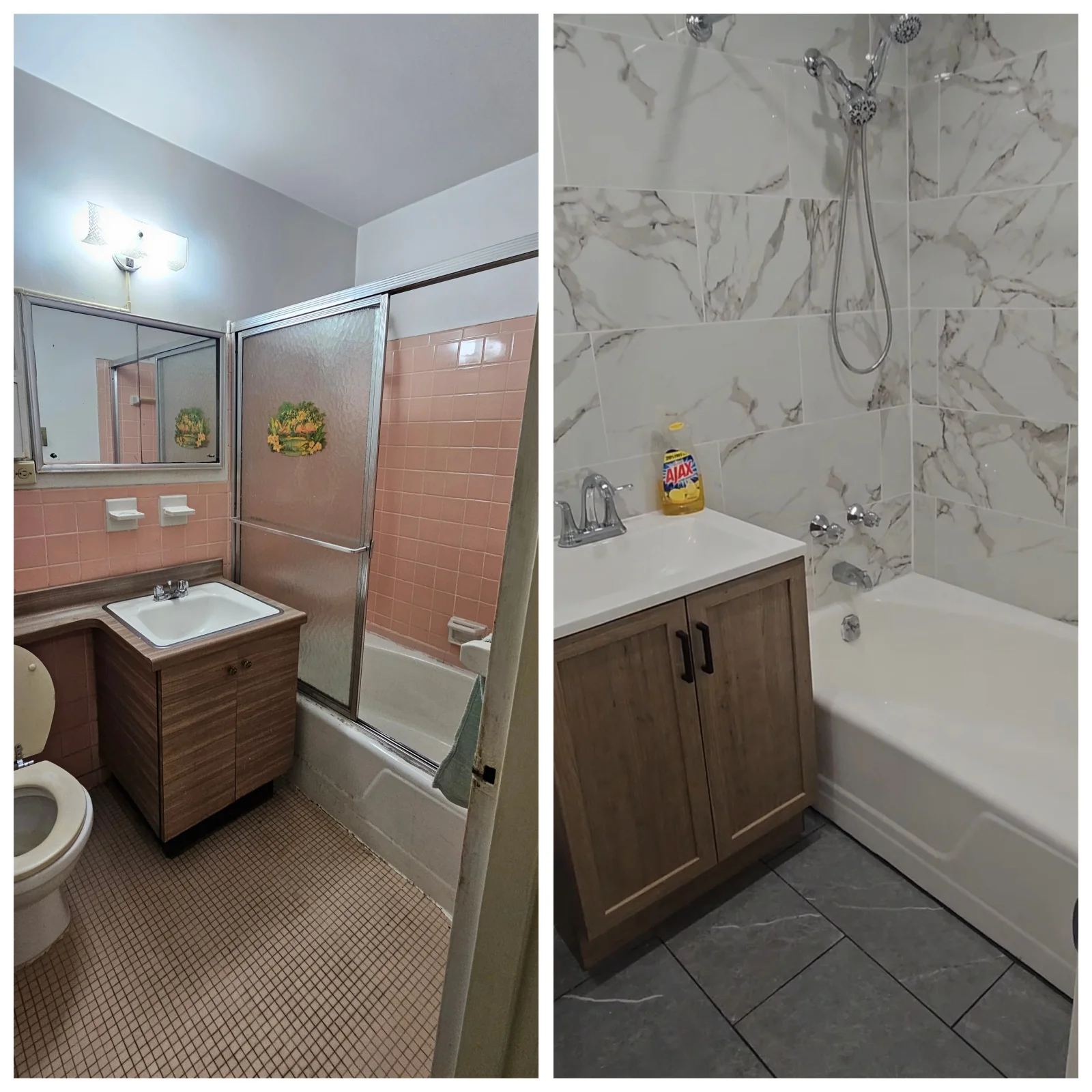 Marble tile shower with glass doors, wood vanity, and updated bathroom fixtures