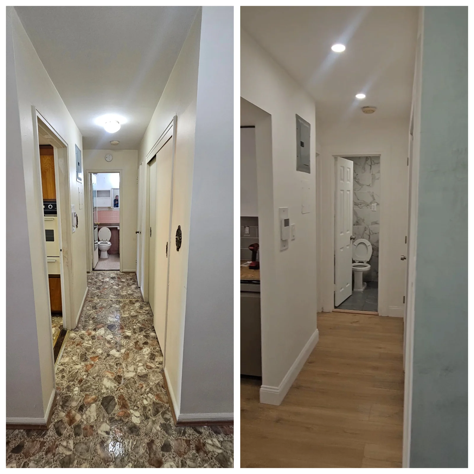 Renovated hallway with recessed lighting, white walls, granite flooring, and updated bathroom entrance