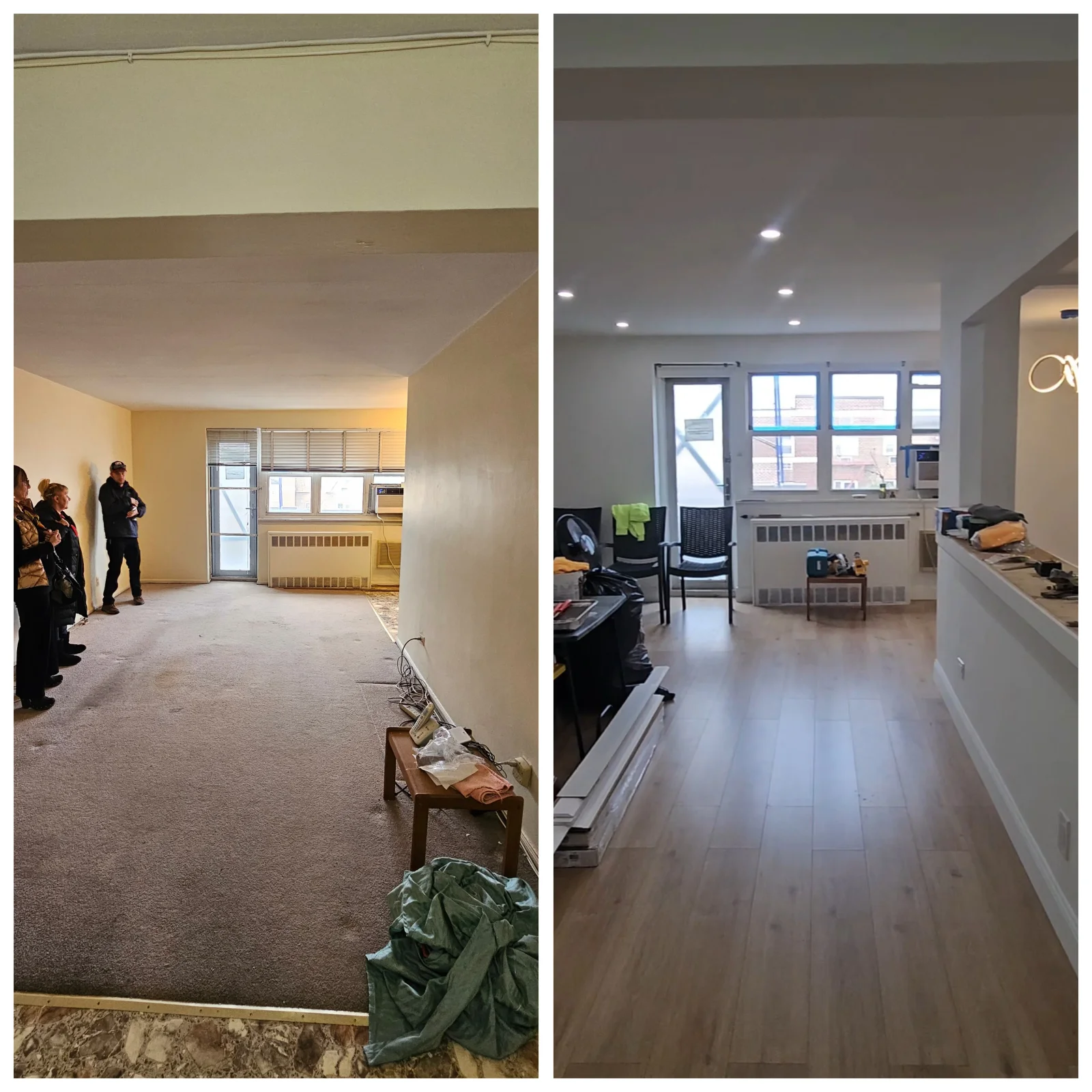 Before and after apartment renovation showing drywall, recessed lighting, hardwood flooring, and modern kitchen cabinetry