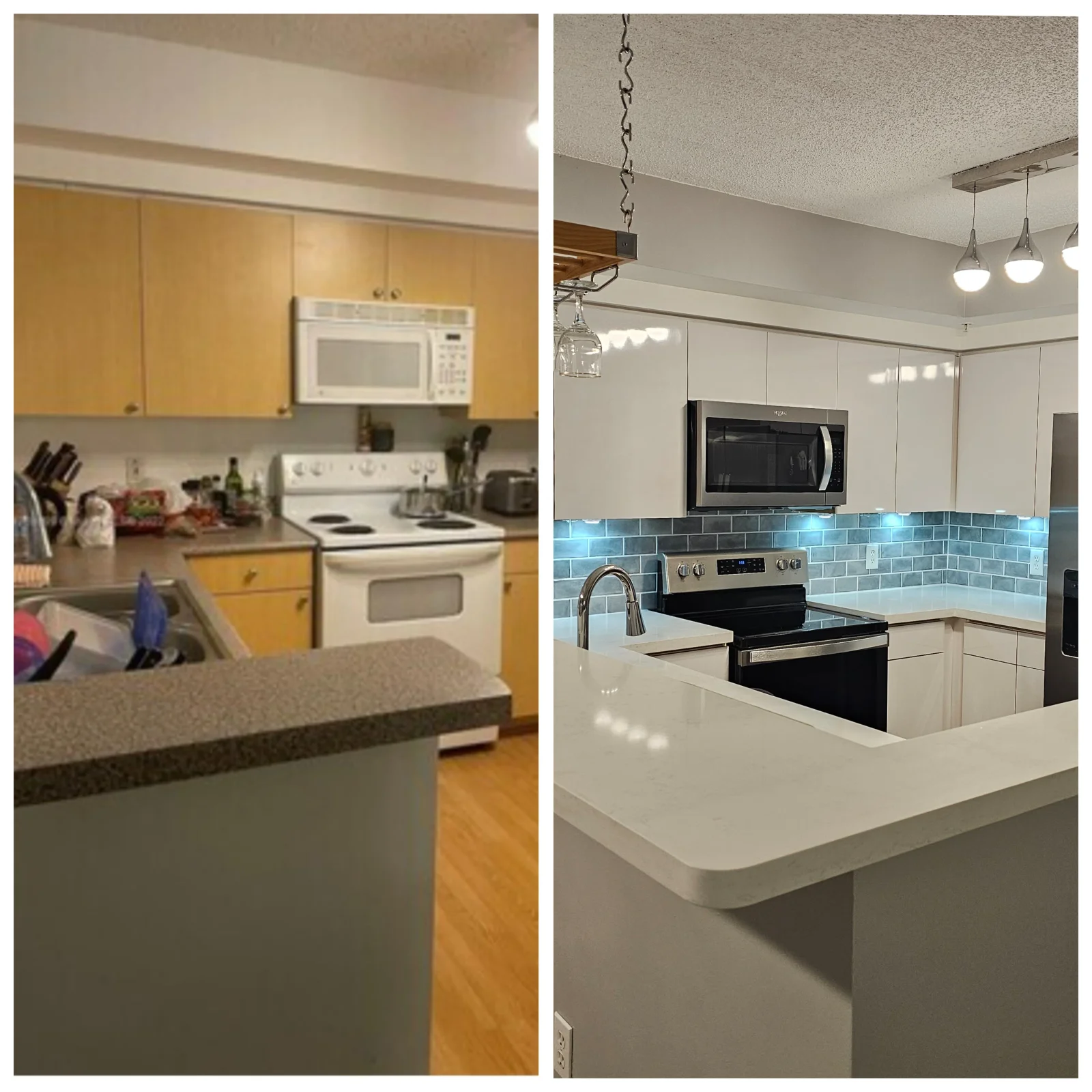 Before and after kitchen remodel with white cabinets, blue tile backsplash, and stainless steel appliances