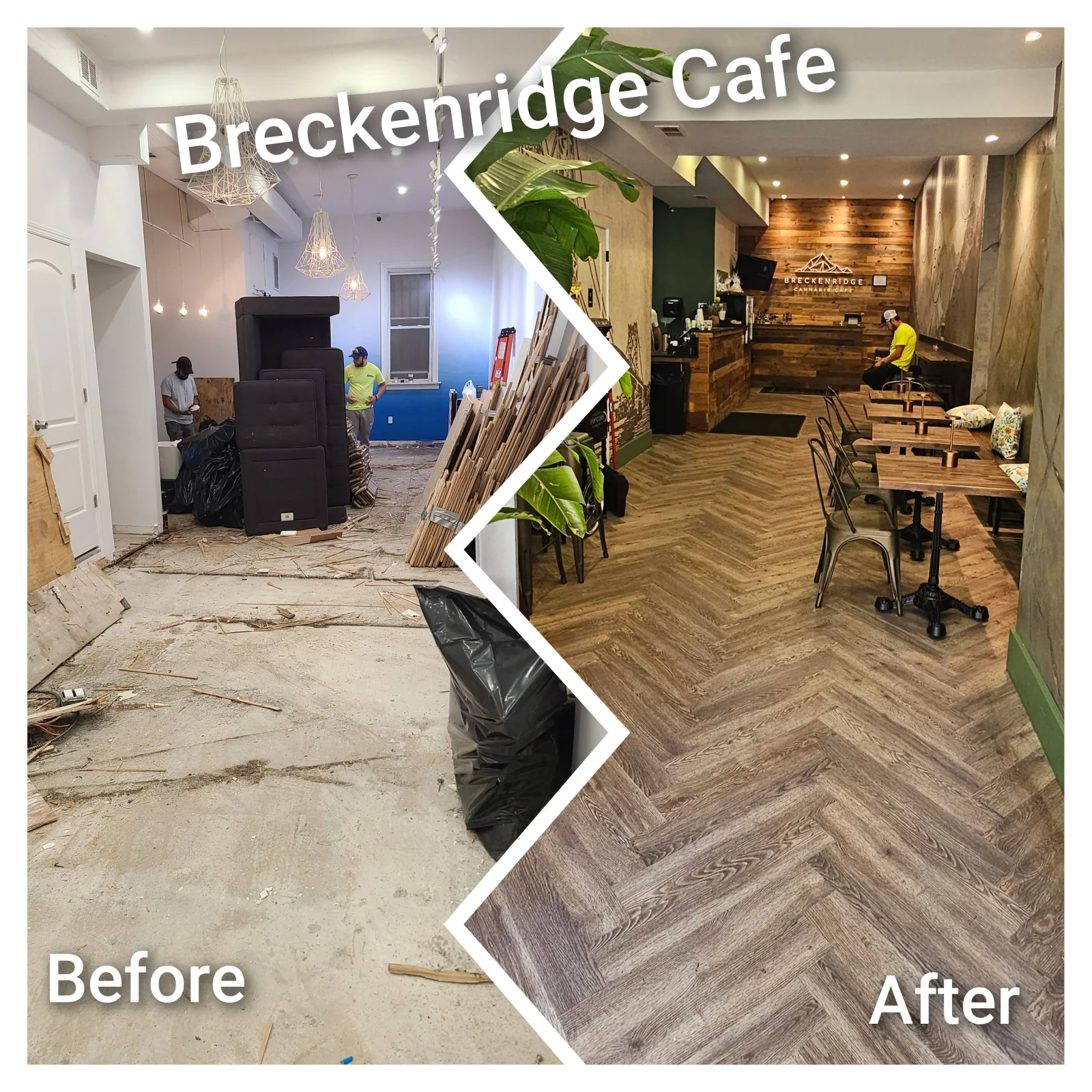 Before and after cafe renovation showing concrete floor to herringbone vinyl plank flooring, lighting, and wood accent wall