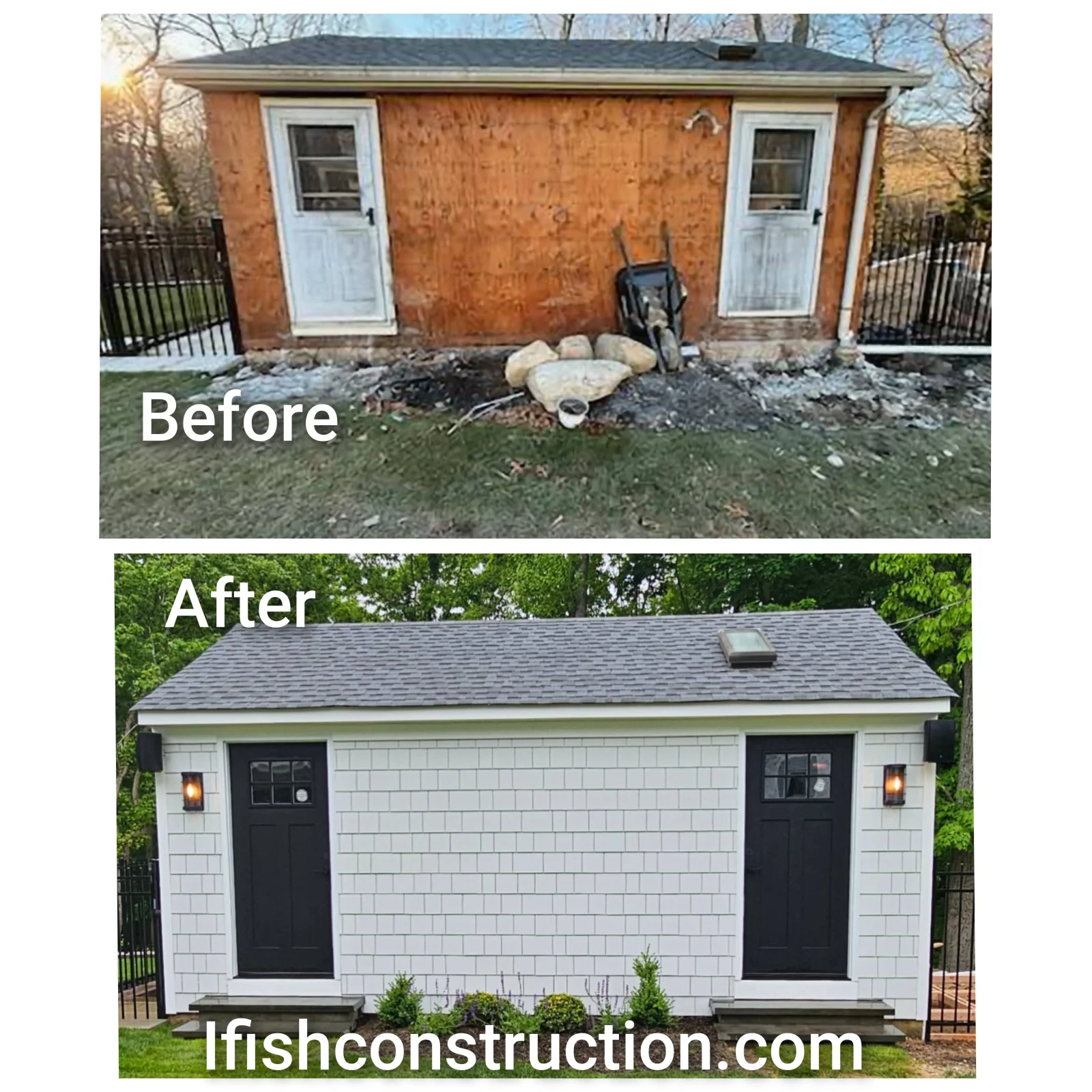 Before and after duplex shed renovation with new white shingle siding, dark roof, and black doors