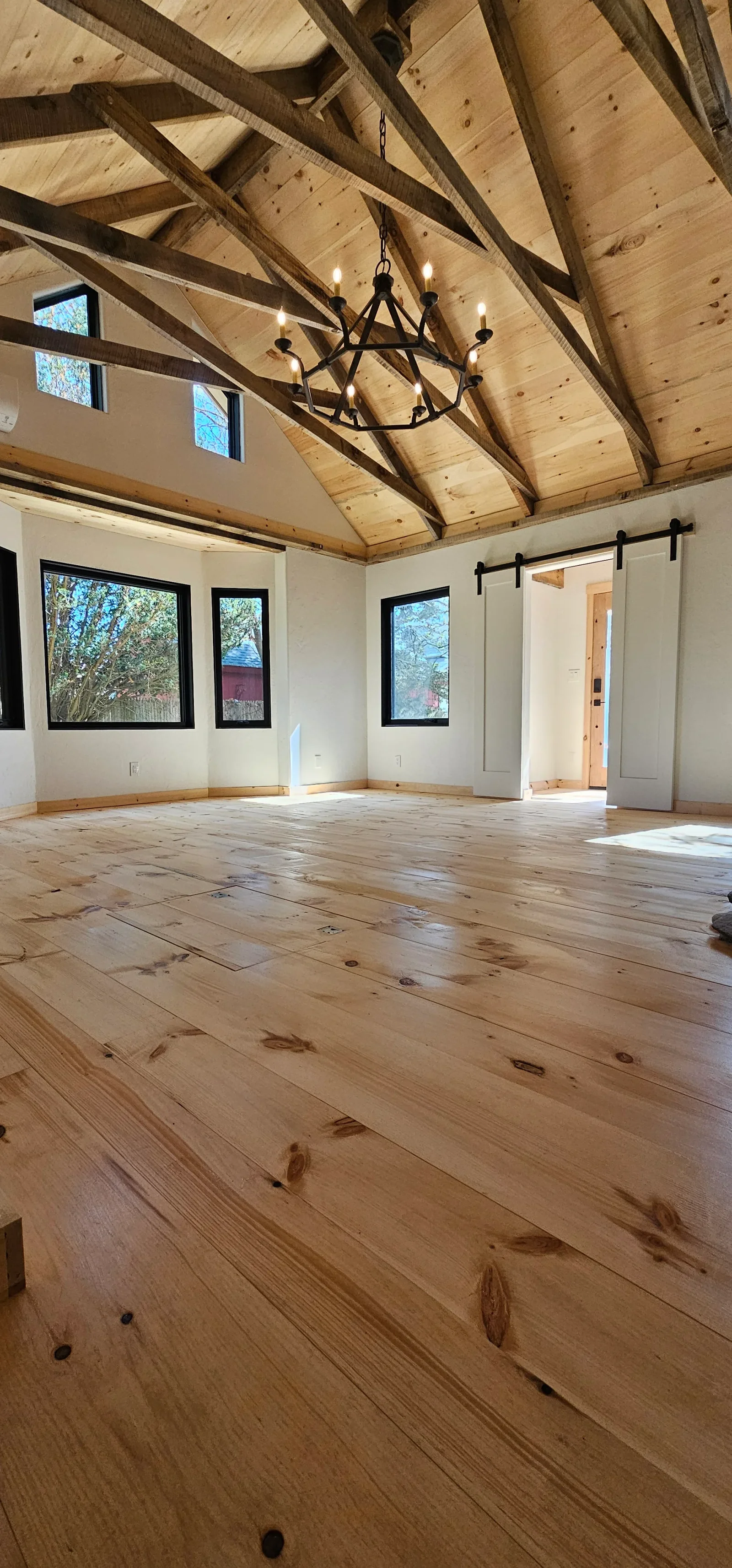 Vaulted timber beam ceiling with pine sheathing, hardwood flooring, and black-framed windows in open interior space