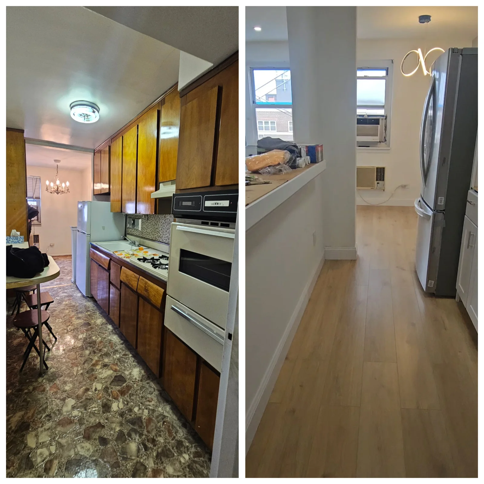 Kitchen with wood cabinets, granite counters, stainless steel appliances, and hardwood floors