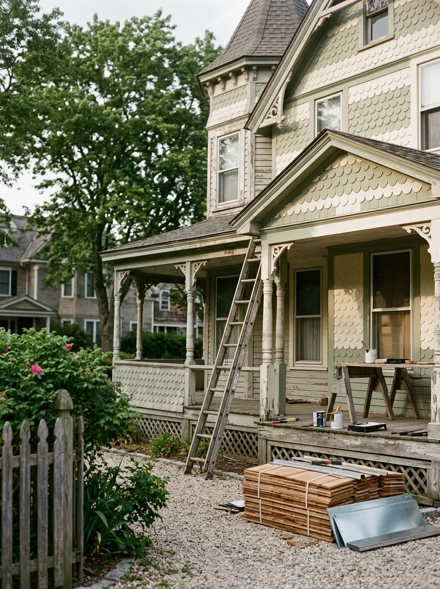 Historic Victorian home in Bellport, NY undergoing exterior restoration work