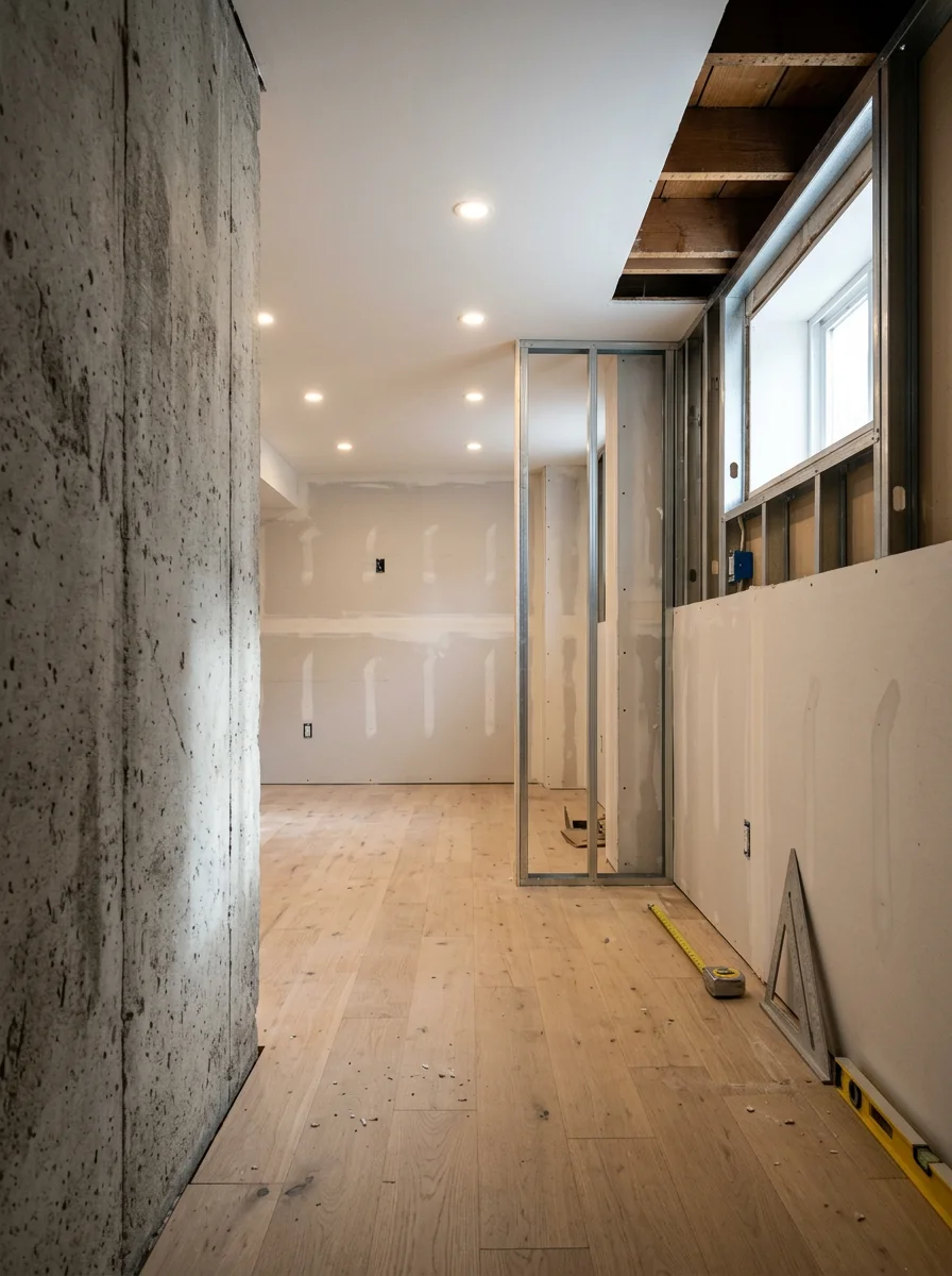 Finished basement buildout in a Queens rowhouse with new flooring, recessed lighting, and framed partition walls replacing an unfinished concrete space.