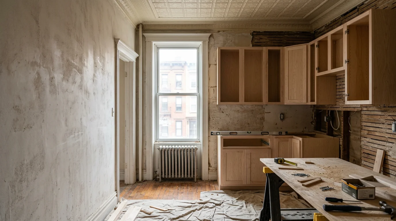 Construction crew installing new kitchen cabinetry inside a pre-war apartment building in Brooklyn, New York, with exposed lath-and-plaster walls visible during renovation.