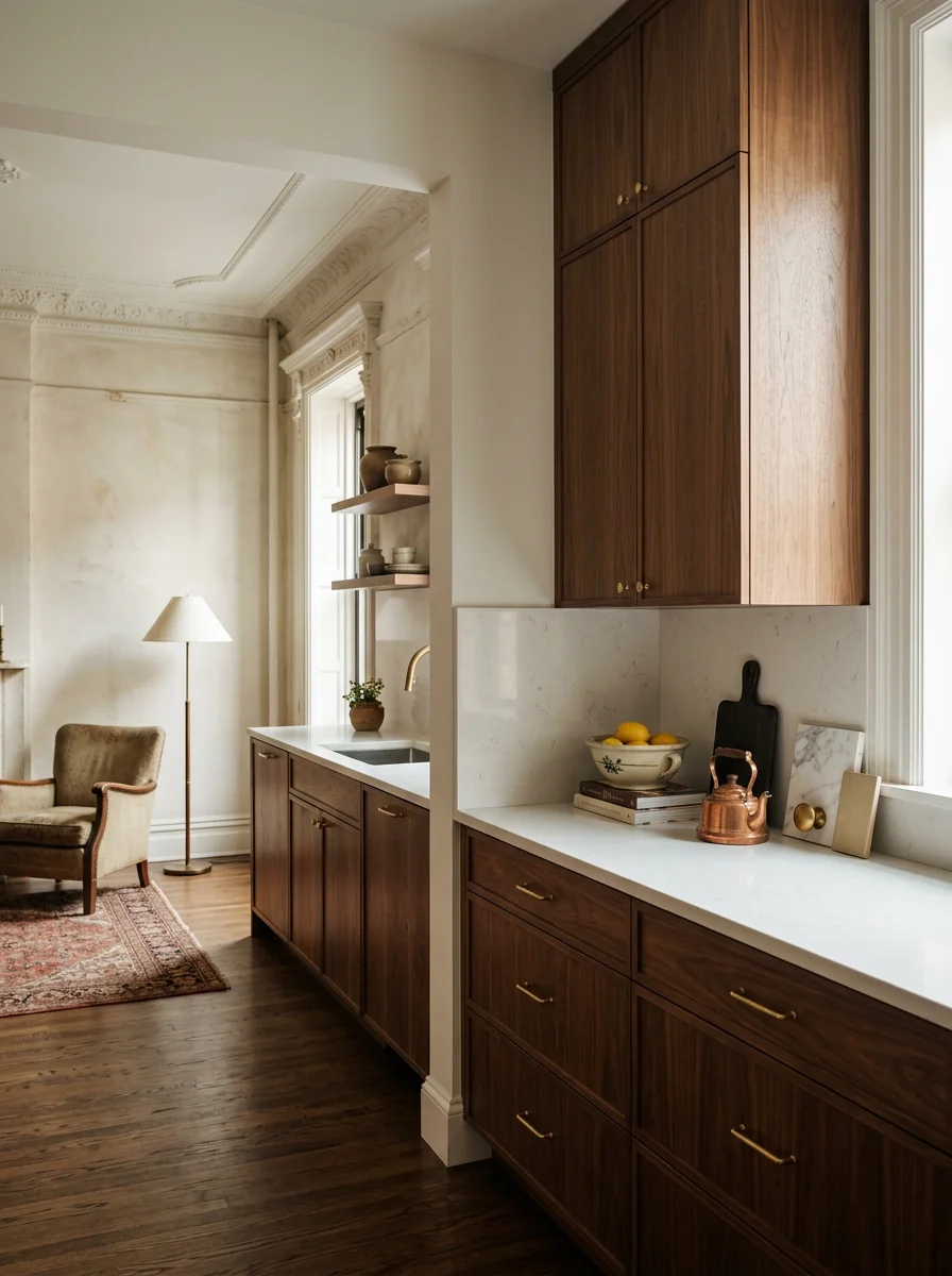 Finished kitchen remodel in a Manhattan pre-war apartment with custom cabinetry, new flooring, and recessed lighting replacing an original galley kitchen layout.
