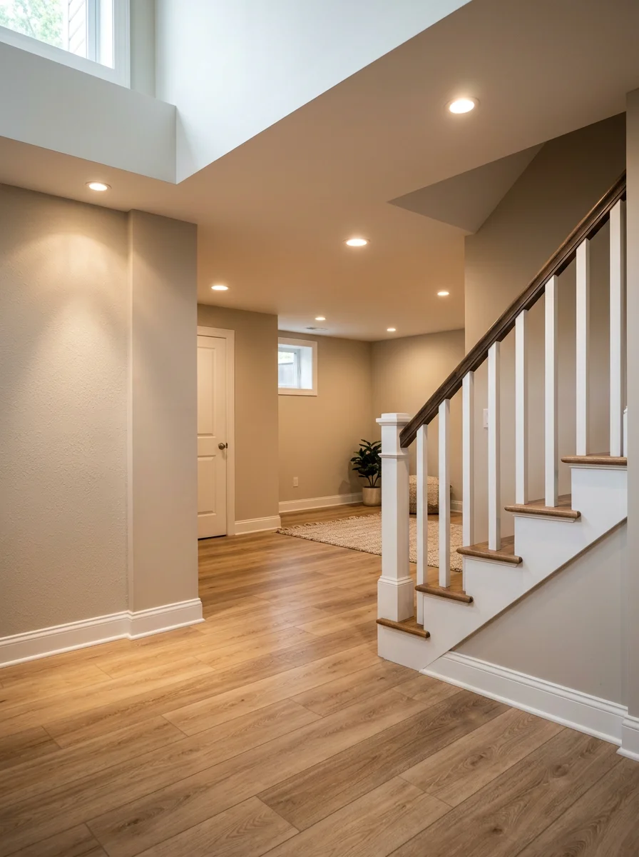 Newly finished basement in a Nassau County split-level home with recessed lighting, painted drywall, and luxury vinyl plank flooring replacing an unfinished concrete space.