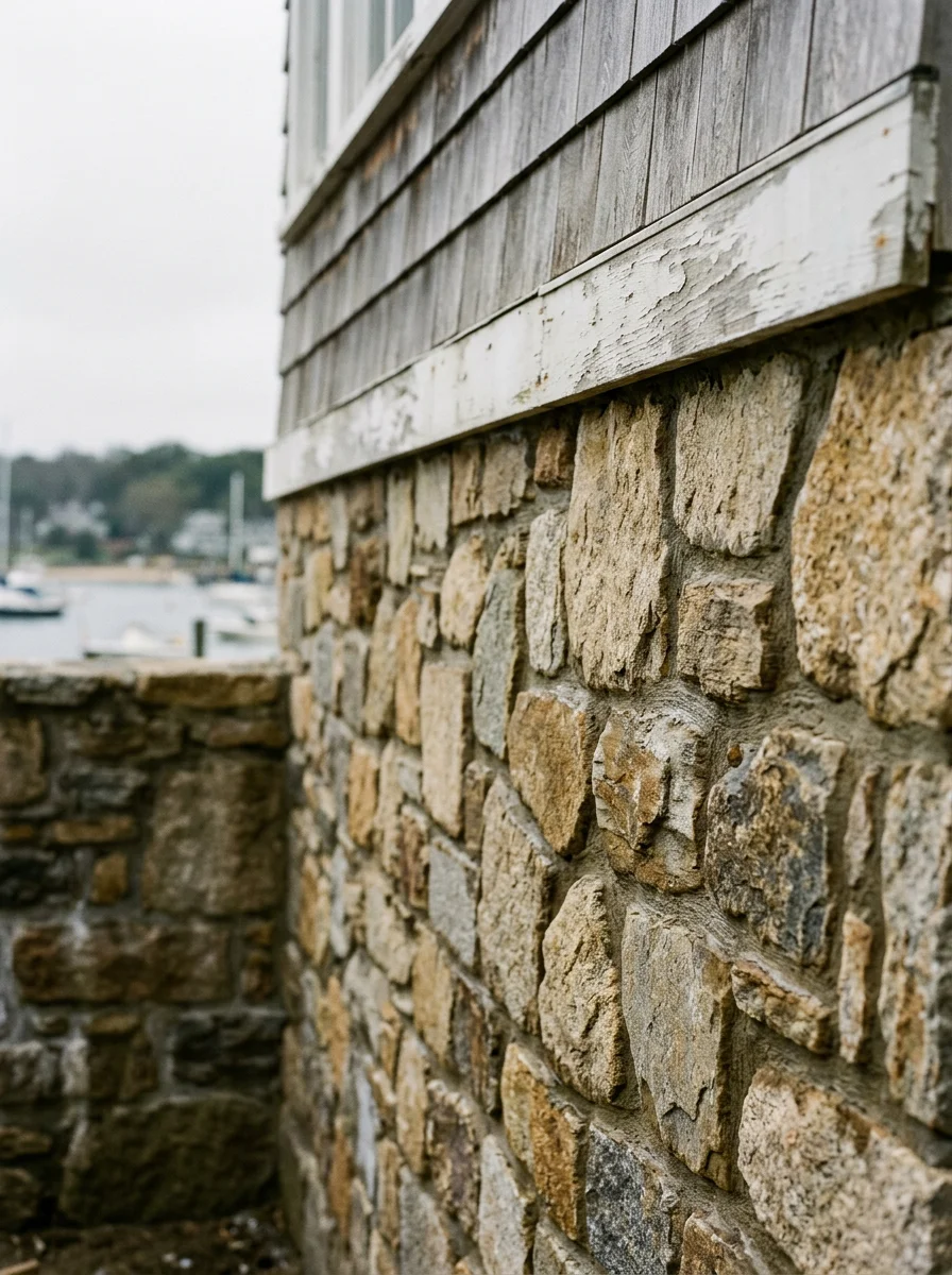 Stone work detail on the exterior foundation of a waterfront property in Huntington, Suffolk County, with freshly laid stone veneer and sealed mortar joints.