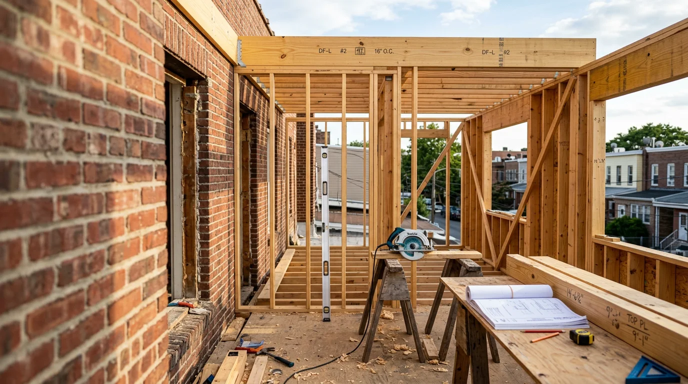 A completed rear home addition on a single-family house in Queens, NY, showing new framed living space integrated with the existing structure. The addition extends off the back of the home with matching exterior finish and a new roofline.