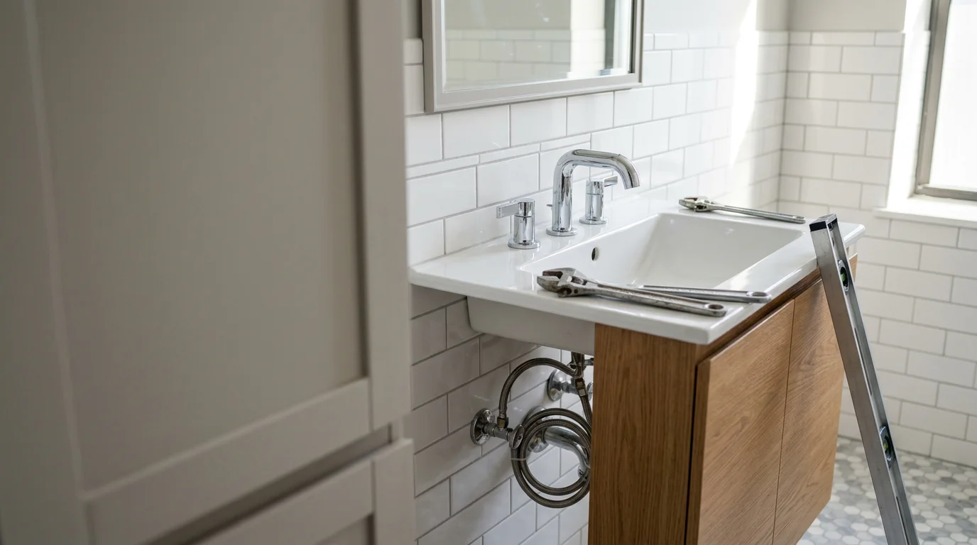 A newly installed bathroom sink and faucet in a residential bathroom in the Five Boroughs, NY, with clean supply line connections and a level vanity mount. The surrounding wall and floor surfaces show no damage from the installation work.