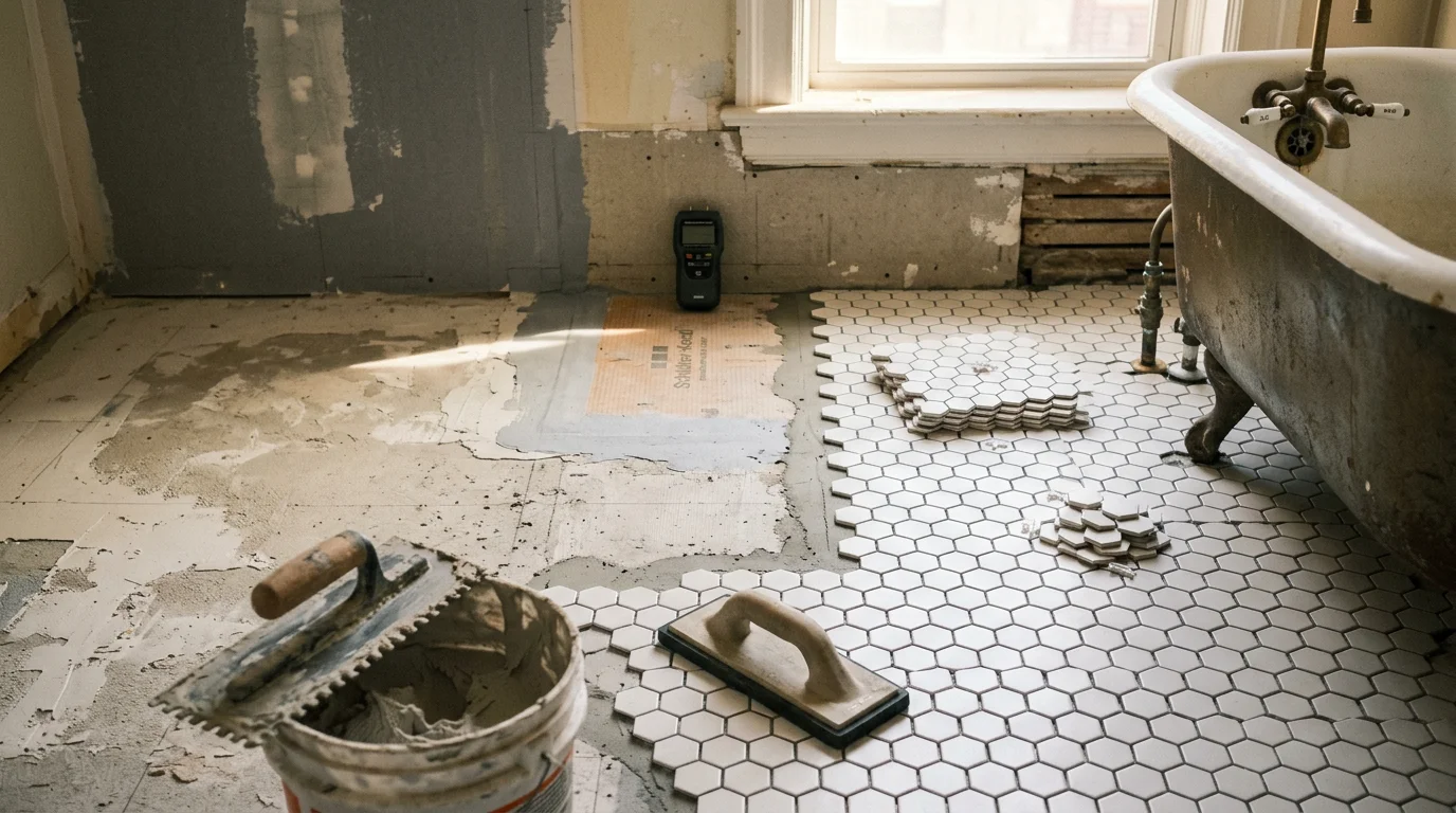 Freshly installed bathroom floor tile in a Five Boroughs home, showing clean grout lines and precise cuts around the base of a toilet and vanity. The subfloor has been leveled and waterproofed prior to installation.