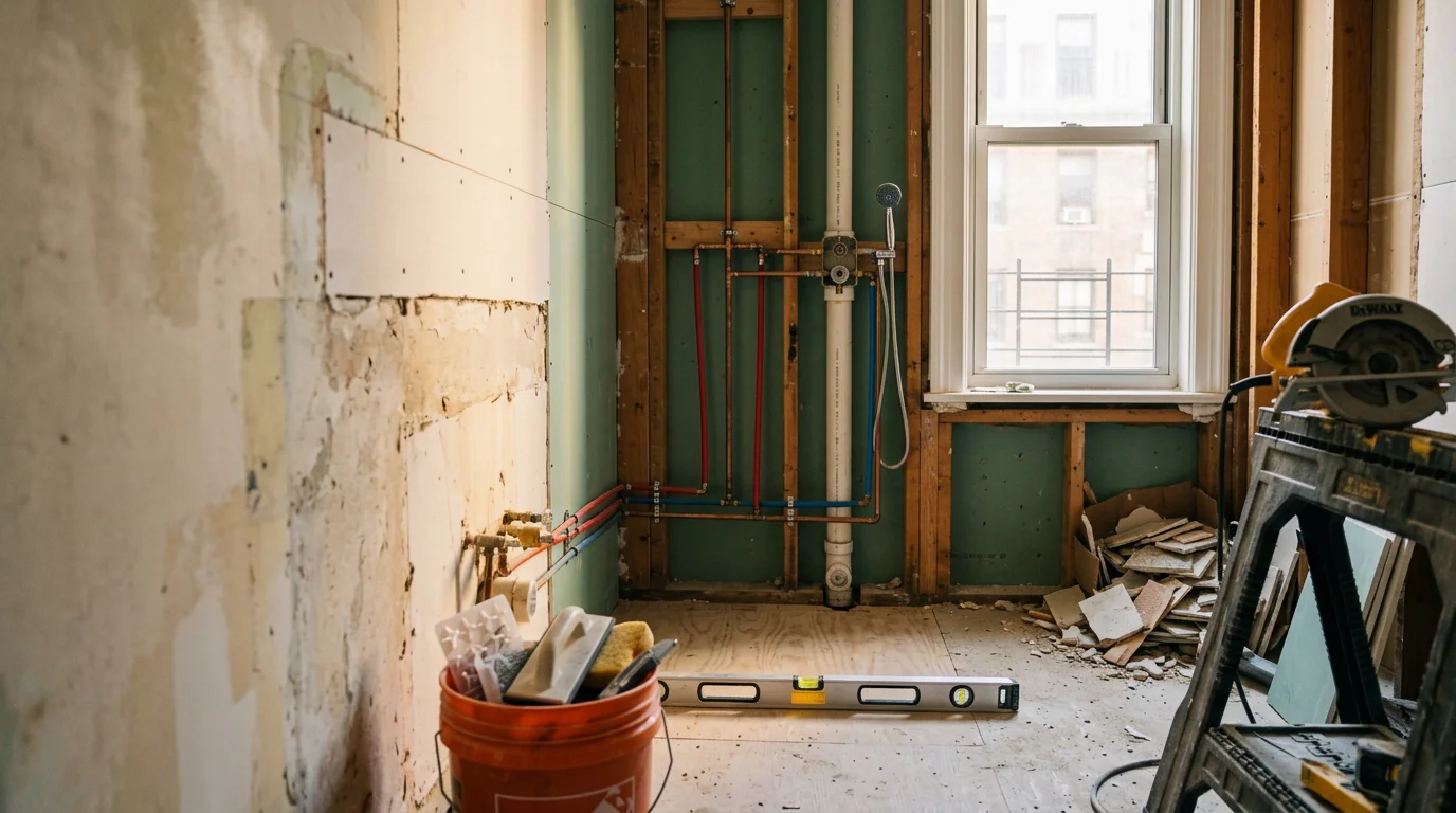 A fully remodeled bathroom in a New York City residential building, showing new wall finishes, updated fixtures, and a clean tile floor. The space reflects a complete bathroom renovation typical of Five Boroughs homes and apartments.