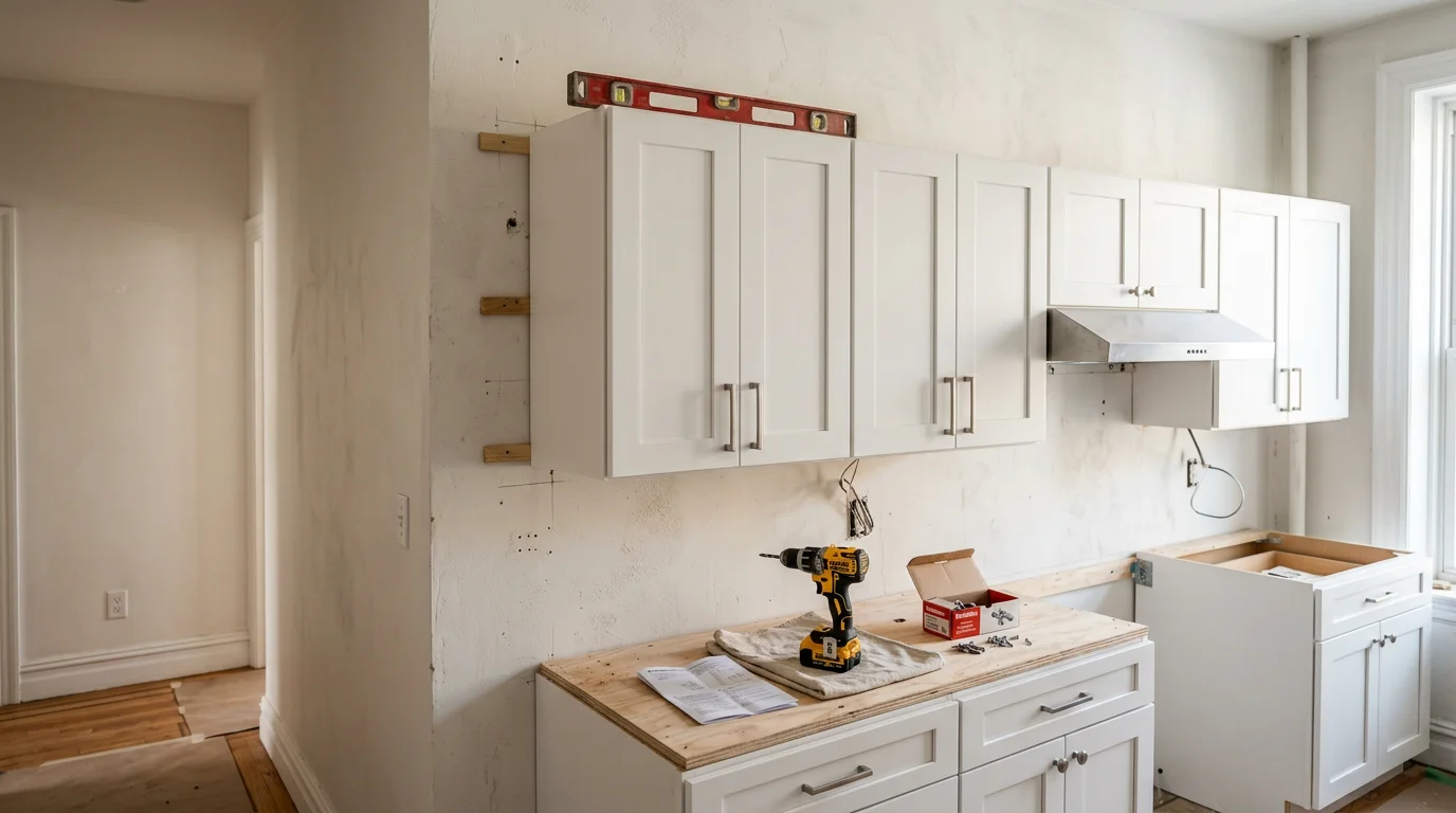 Newly installed custom kitchen cabinets in a Five Boroughs home, showing level upper and lower cabinet runs with aligned doors and fitted hardware. The kitchen layout reflects the kind of compact, precise installation common in New York City residential remodels.