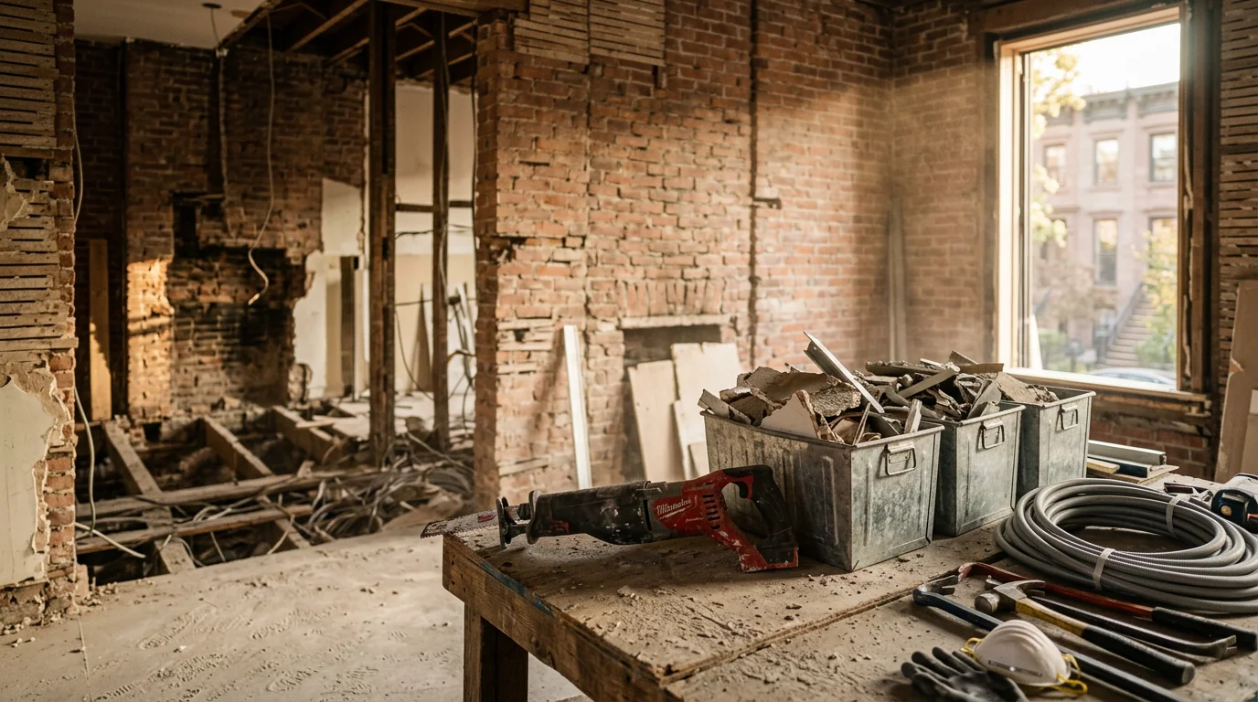 A residential demolition site in the Five Boroughs showing a cleared structure with debris staged for removal. A general contractor crew works on a selective interior gut-out in a New York City row house, with neighboring walls left intact.