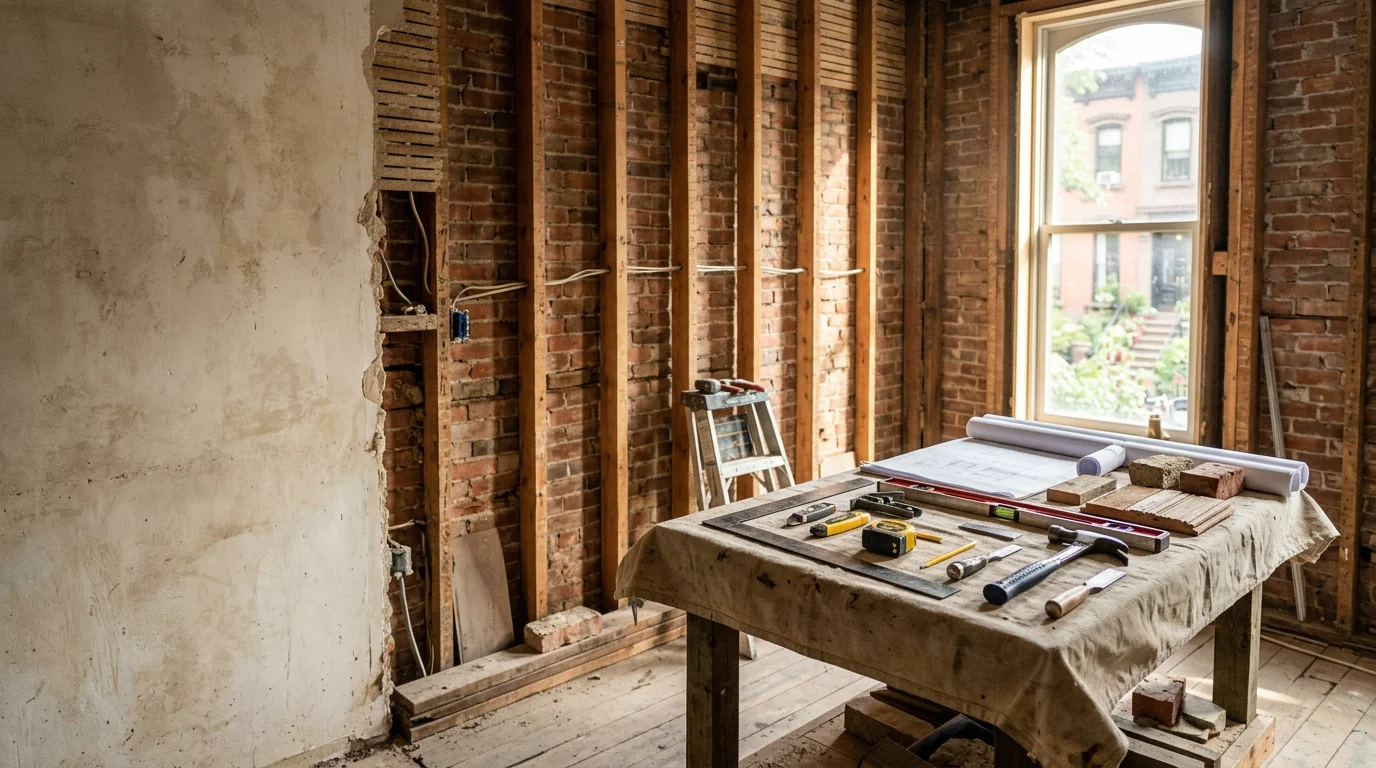 A restored interior room in a Five Boroughs home showing repaired walls, updated finishes, and clean structural work completed by a general contractor. The space reflects careful restoration of an older residential property.
