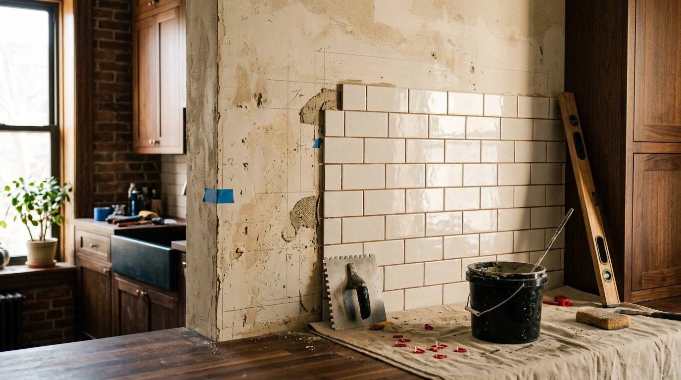 Freshly installed kitchen tile backsplash above a countertop in a New York home, showing clean grout lines, precise outlet cutouts, and even tile alignment from edge to edge.