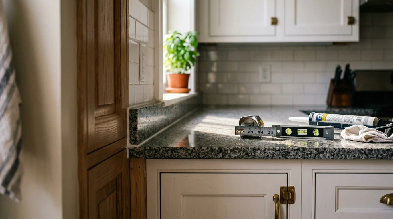 Newly installed kitchen countertop in a residential home in the Five Boroughs, New York, showing a clean fit against painted cabinets with a finished edge along the sink cutout.
