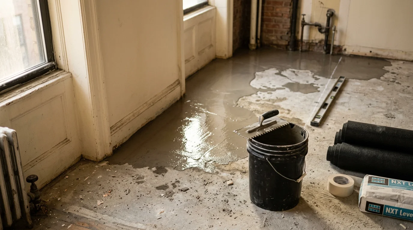 Freshly installed kitchen floor in a New York City apartment, showing clean tile work and even grout lines meeting a modern kitchen layout. The floor runs from the base of the cabinets to the open living area, typical of Five Boroughs residential construction.