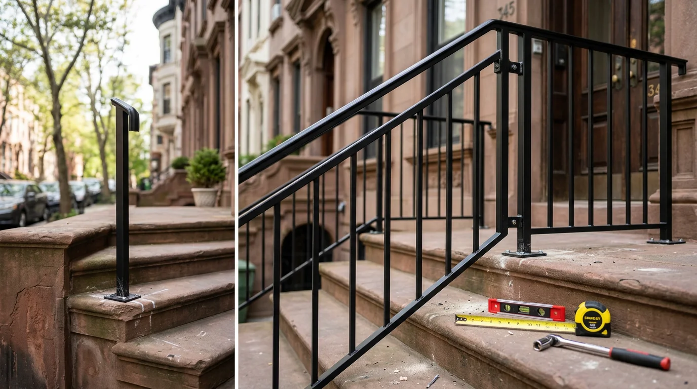 Newly installed metal stair railing on the front stoop of a residential home in the Five Boroughs, NY. The railing runs along the full length of the steps with clean, secure post anchoring at street level.