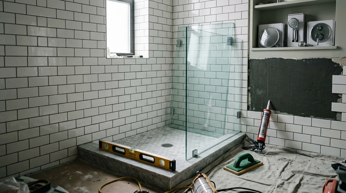 A newly installed walk-in shower with a tiled surround and glass enclosure in a residential bathroom in the Five Boroughs, NY. The finished shower shows clean grout lines, a recessed niche, and a frameless glass door set against waterproofed walls.