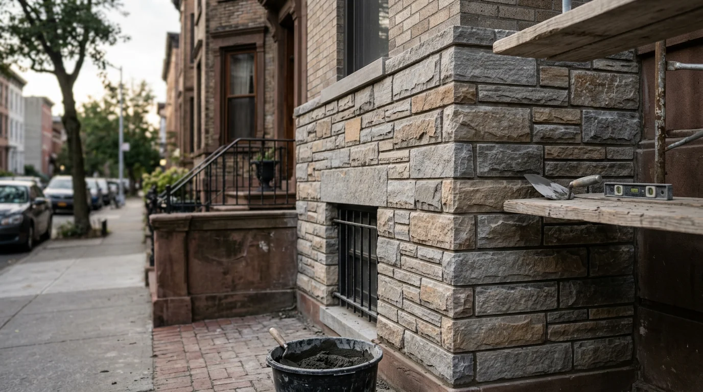 Finished natural stone retaining wall and walkway installation at a residential property in the Five Boroughs, NY. Stone steps lead to a front entry with tightly fitted joints and a clean base edge.