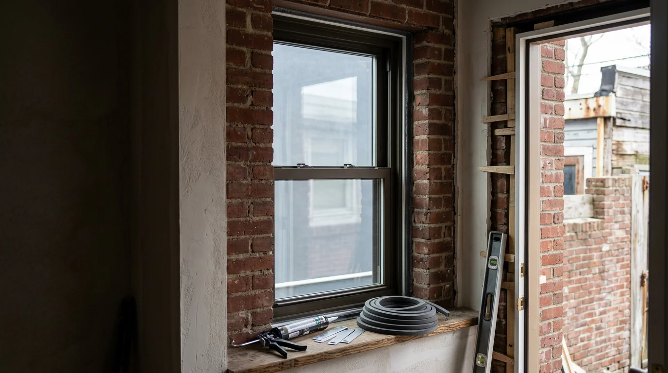 Newly installed exterior door and replacement windows on a residential home in the Five Boroughs, New York, showing clean frame lines and a tight exterior seal. The installation is complete with no visible gaps between the frame and surrounding siding.